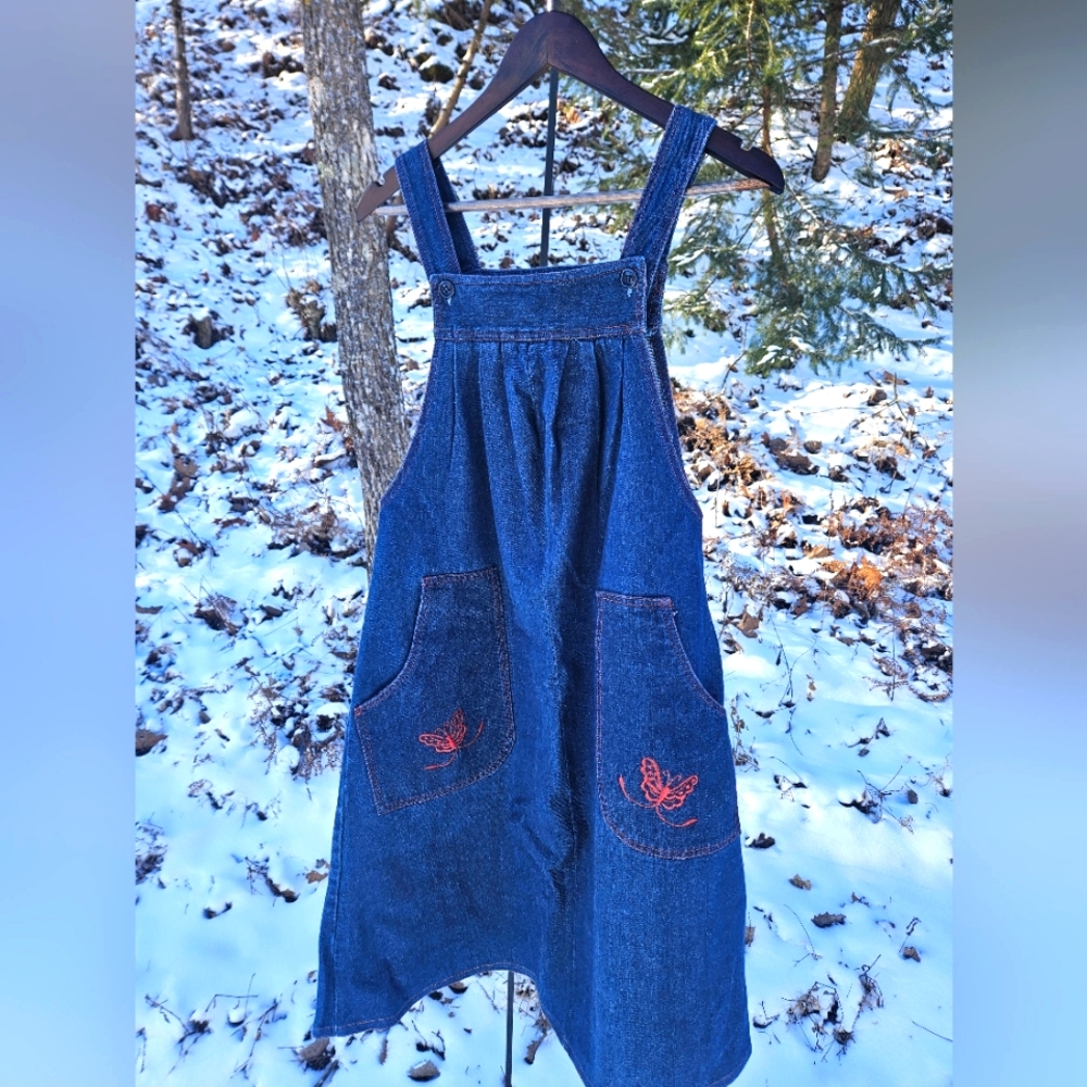 JONI BLAIR of Cali Denim Jumper Dress Size 7 Embroidered Pockets Red Butterflies